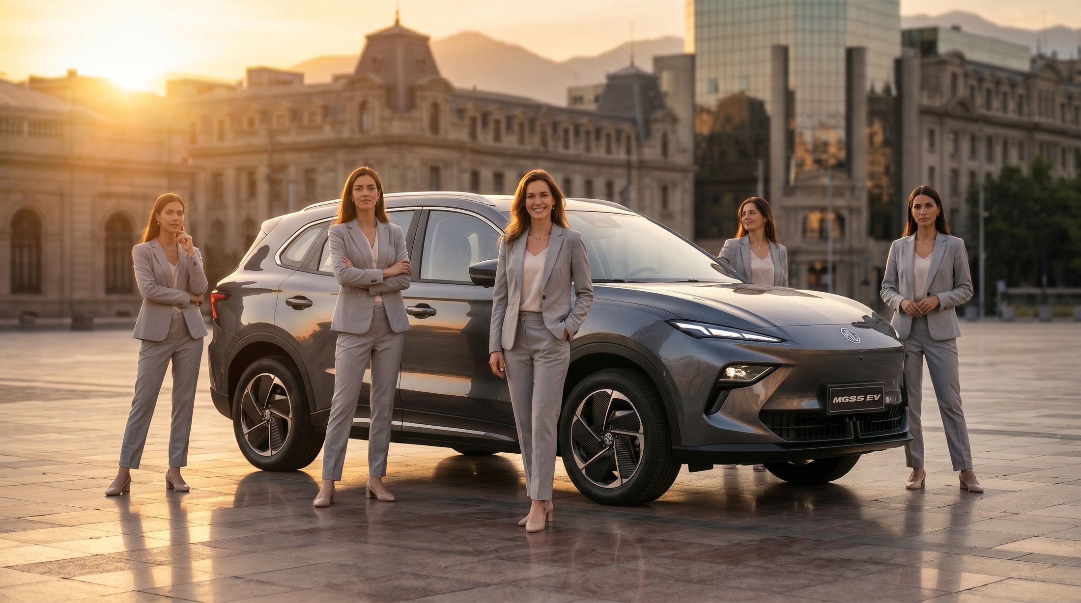 MG S5 with urban ambassadors at sunset