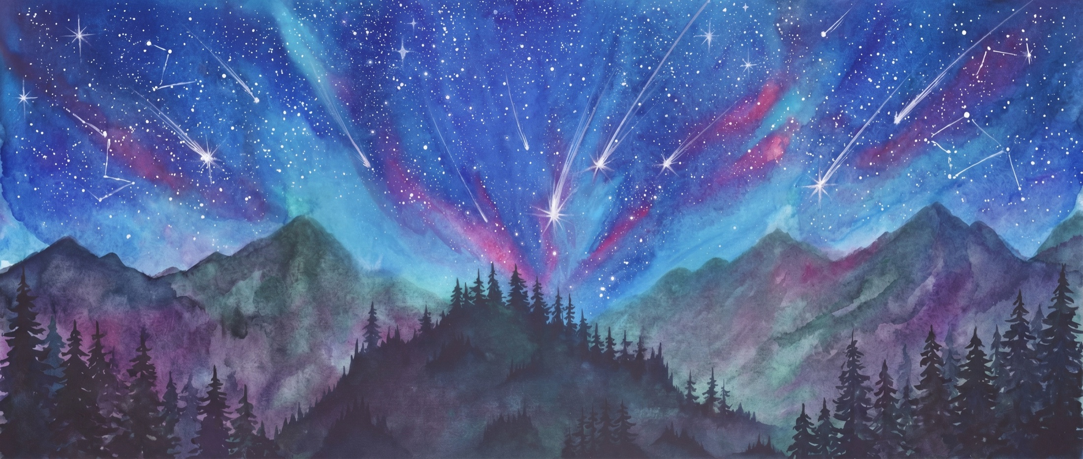 Starry watercolor mountain landscape